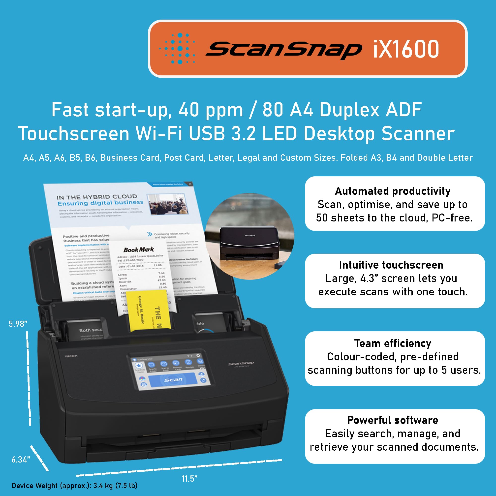 ScanSnap iX1600 Black Document Scanner 5GHz - Desktop, Double